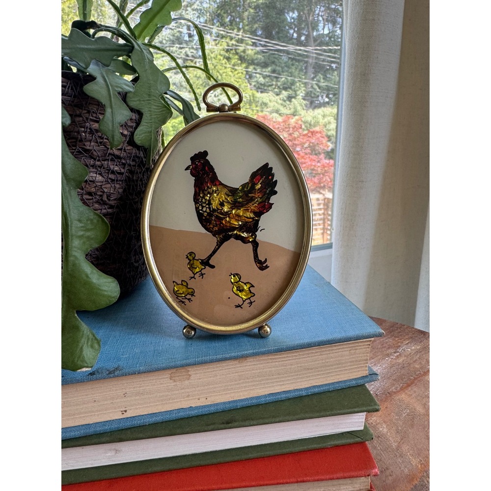 Vintage Chicken Hen and Chicks Oval Brass Frame Folk Art Maximalist Farmhouse
